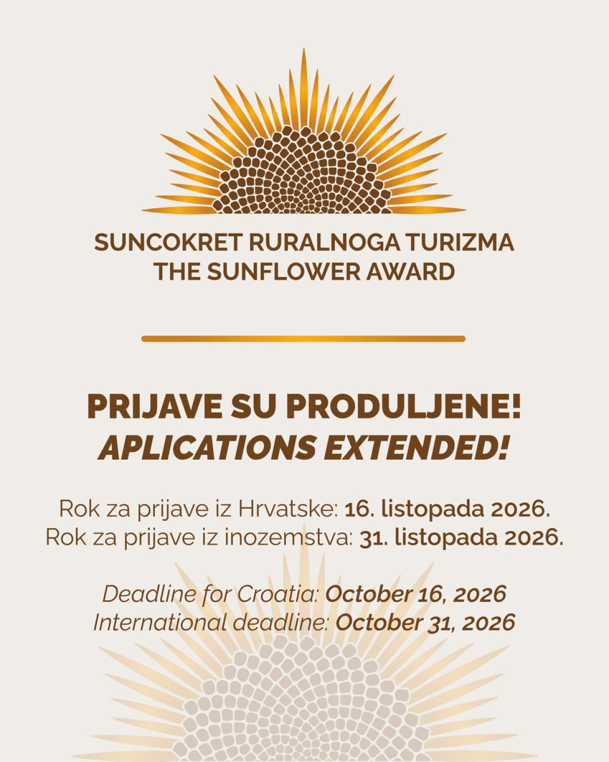 Produljen rok za prijavu na Natječaj „SUNCOKRET RURALNOGA TURIZMA – THE SUNFLOWER AWARD“ za 2026. godinu 